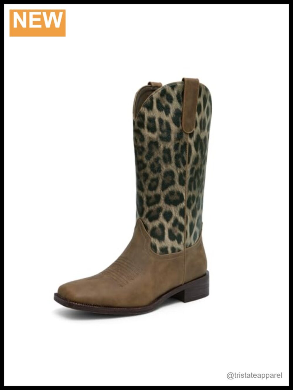 Faux Leather Square Toe Cowgirl Boots Mid Calf Chunky Low Heel Western